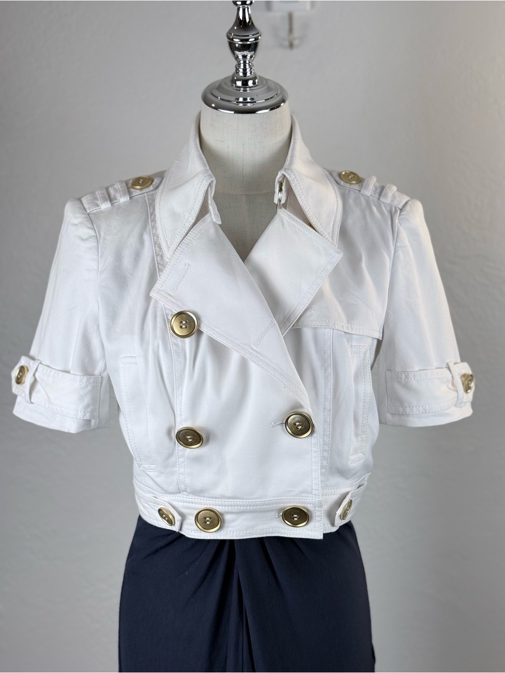 RARE Vtg Caché White Cropped Military Trench‎ Gold Button Double Breasted S